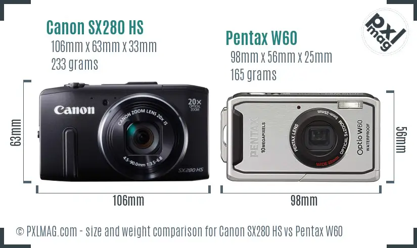 Canon SX280 HS vs Pentax W60 size comparison