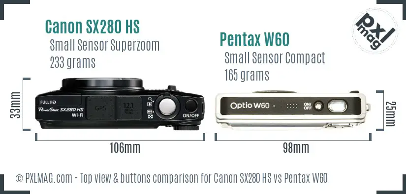 Canon SX280 HS vs Pentax W60 top view buttons comparison