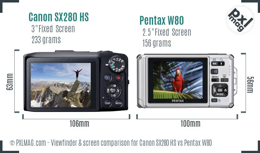 Canon SX280 HS vs Pentax W80 Screen and Viewfinder comparison