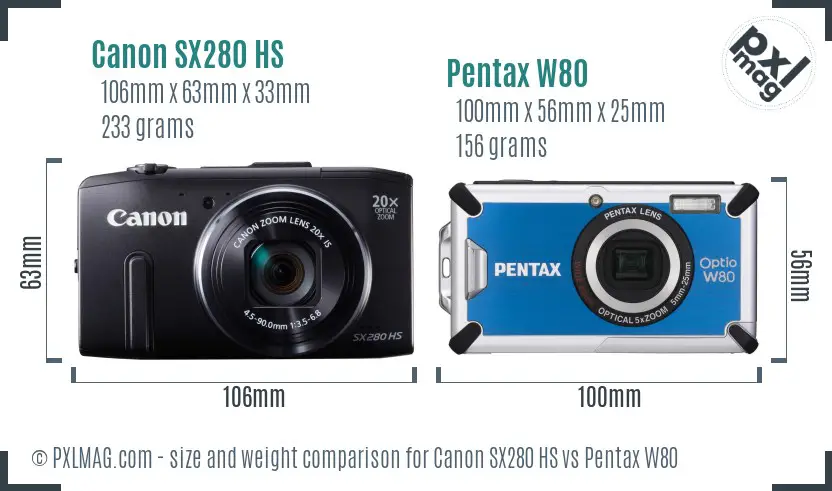 Canon SX280 HS vs Pentax W80 size comparison