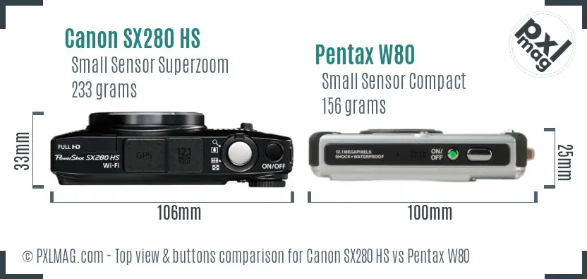 Canon SX280 HS vs Pentax W80 top view buttons comparison