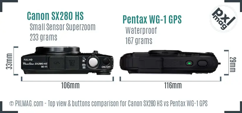 Canon SX280 HS vs Pentax WG-1 GPS top view buttons comparison