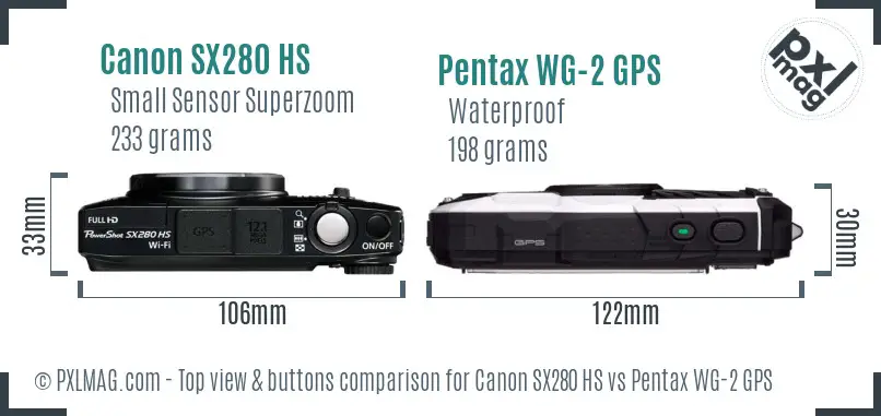 Canon SX280 HS vs Pentax WG-2 GPS top view buttons comparison