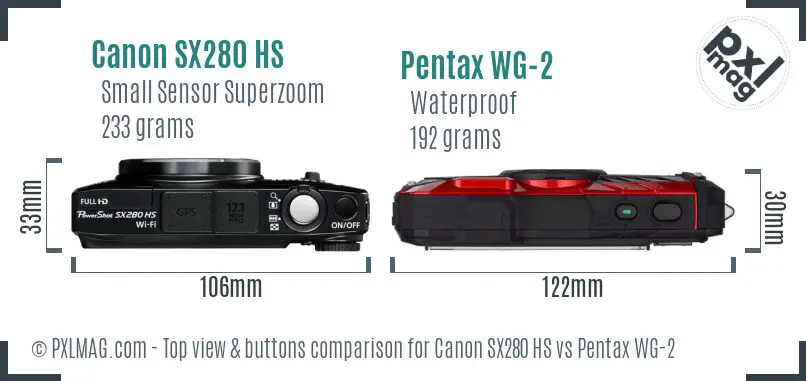 Canon SX280 HS vs Pentax WG-2 top view buttons comparison Canon SX280 HS vs Pentax WG-2 top view buttons comparison