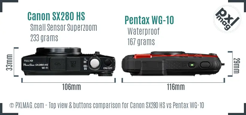 Canon SX280 HS vs Pentax WG-10 top view buttons comparison Canon SX280 HS vs Pentax WG-10 top view buttons comparison