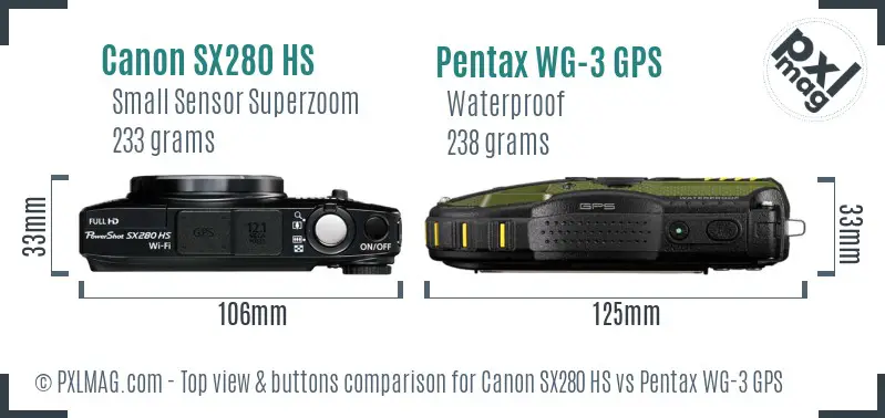 Canon SX280 HS vs Pentax WG-3 GPS top view buttons comparison