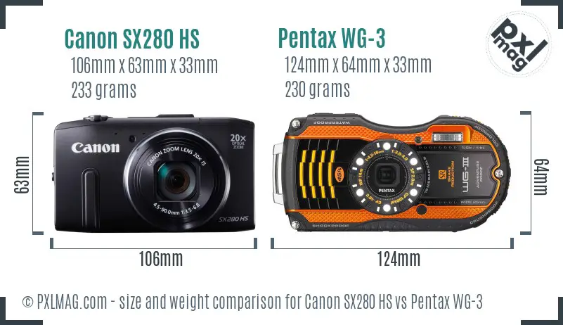 Canon SX280 HS vs Pentax WG-3 size comparison