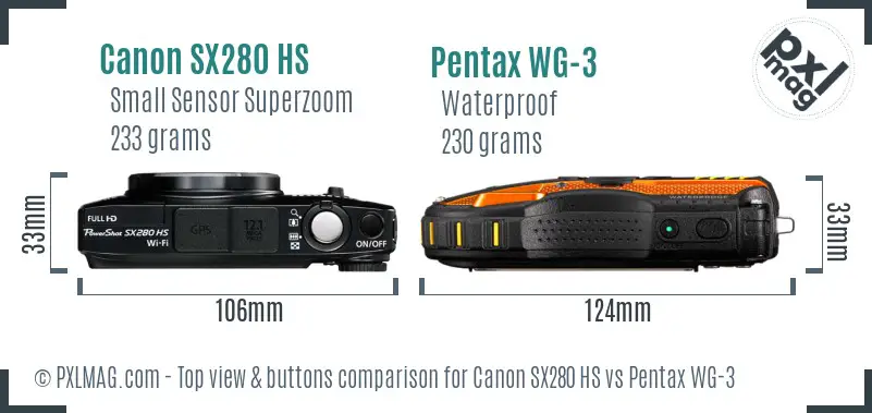 Canon SX280 HS vs Pentax WG-3 top view buttons comparison