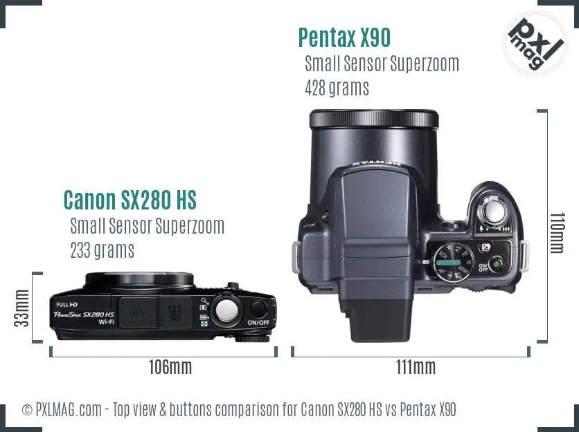 Canon SX280 HS vs Pentax X90 top view buttons comparison