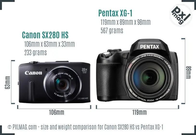 Canon SX280 HS vs Pentax XG-1 size comparison