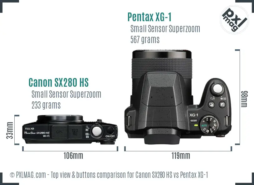 Canon SX280 HS vs Pentax XG-1 top view buttons comparison