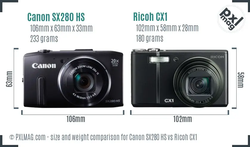 Canon SX280 HS vs Ricoh CX1 size comparison