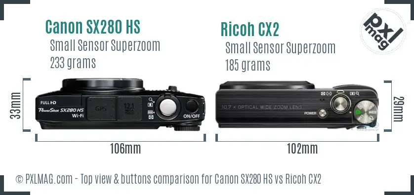 Canon SX280 HS vs Ricoh CX2 top view buttons comparison Canon SX280 HS vs Ricoh CX2 top view buttons comparison