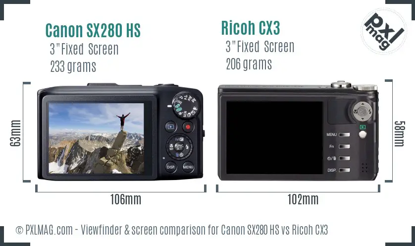 Canon SX280 HS vs Ricoh CX3 Screen and Viewfinder comparison