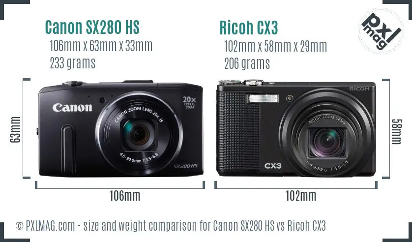 Canon SX280 HS vs Ricoh CX3 size comparison