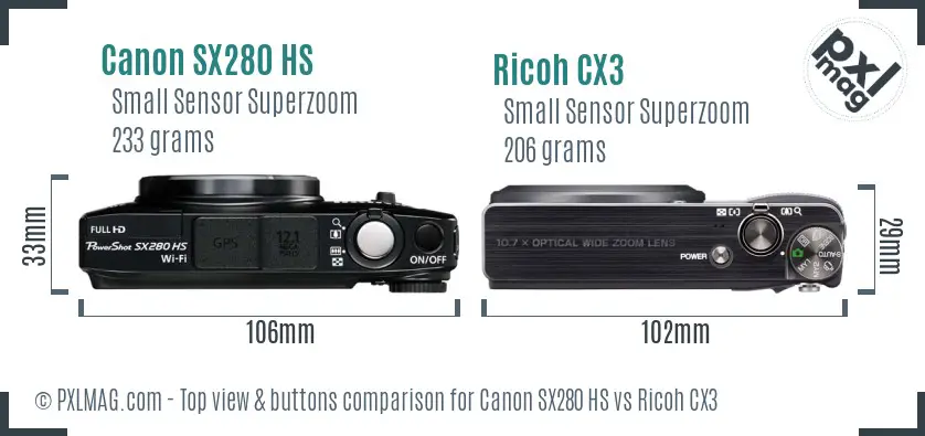 Canon SX280 HS vs Ricoh CX3 top view buttons comparison