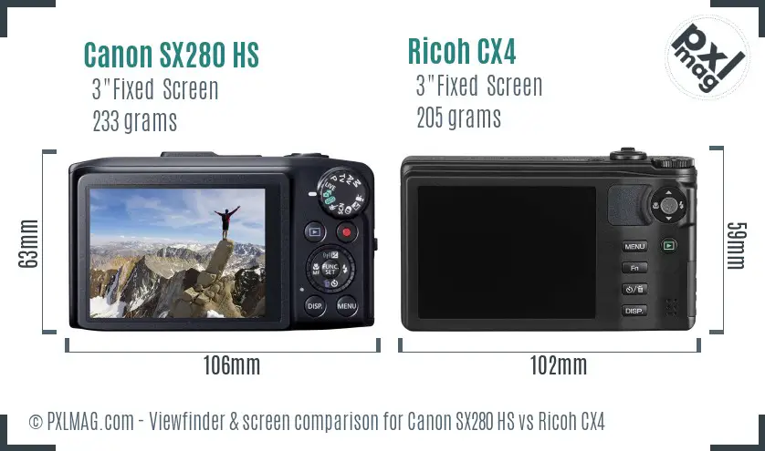 Canon SX280 HS vs Ricoh CX4 Screen and Viewfinder comparison