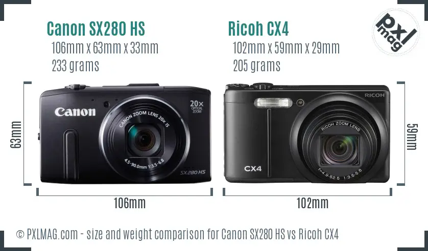 Canon SX280 HS vs Ricoh CX4 size comparison