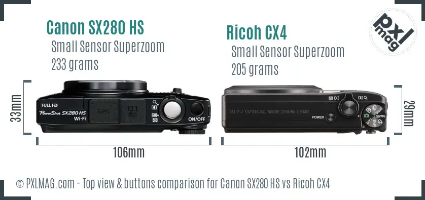 Canon SX280 HS vs Ricoh CX4 top view buttons comparison