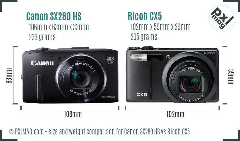 Canon SX280 HS vs Ricoh CX5 size comparison Canon SX280 HS vs Ricoh CX5 size comparison