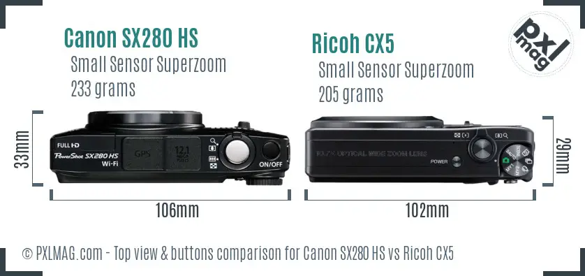 Canon SX280 HS vs Ricoh CX5 top view buttons comparison Canon SX280 HS vs Ricoh CX5 top view buttons comparison