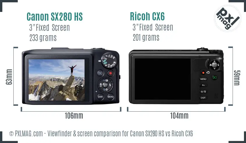 Canon SX280 HS vs Ricoh CX6 Screen and Viewfinder comparison