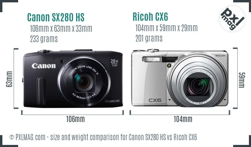 Canon SX280 HS vs Ricoh CX6 size comparison