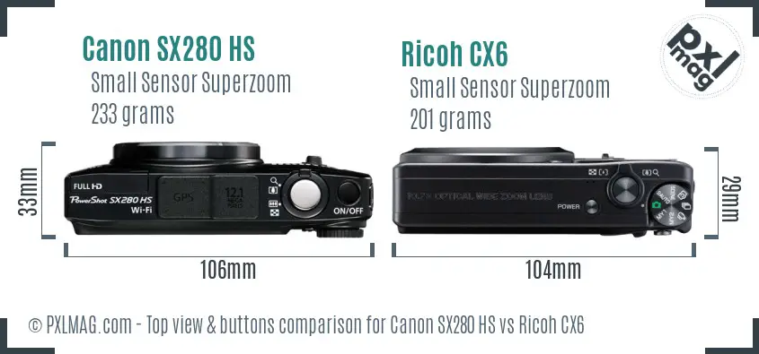 Canon SX280 HS vs Ricoh CX6 top view buttons comparison