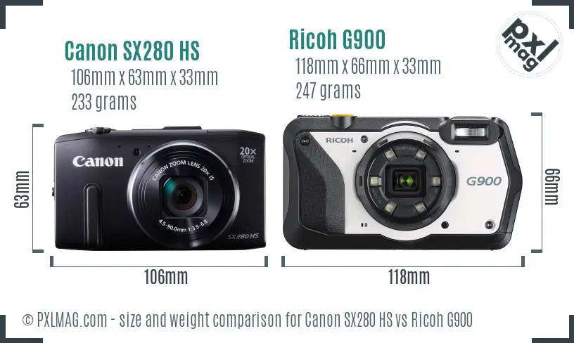 Canon SX280 HS vs Ricoh G900 size comparison