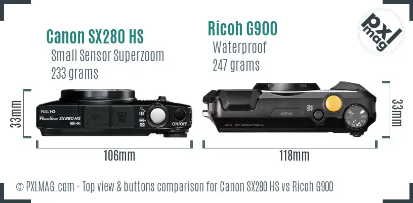 Canon SX280 HS vs Ricoh G900 top view buttons comparison