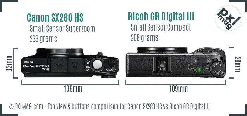 Canon SX280 HS vs Ricoh GR Digital III top view buttons comparison Canon SX280 HS vs Ricoh GR Digital III top view buttons comparison