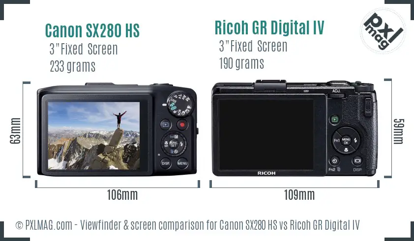 Canon SX280 HS vs Ricoh GR Digital IV Screen and Viewfinder comparison