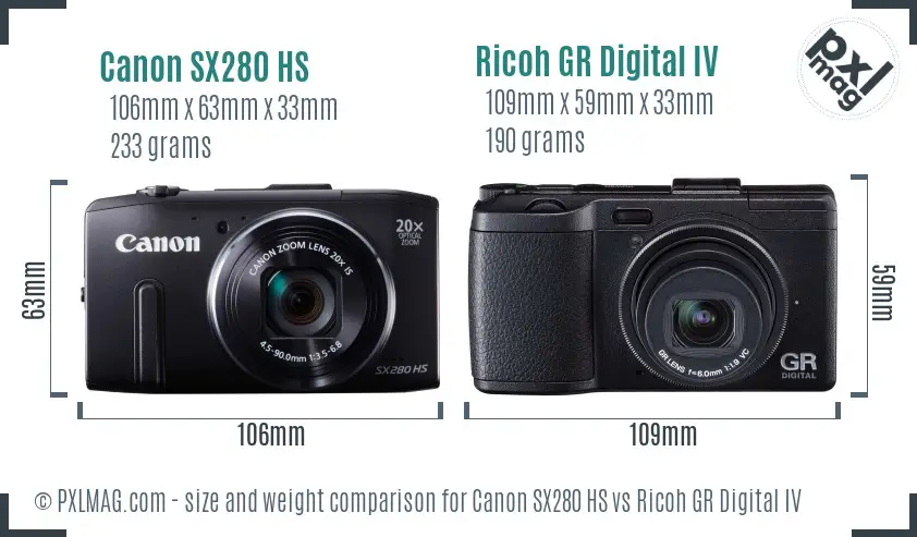 Canon SX280 HS vs Ricoh GR Digital IV size comparison