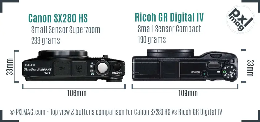 Canon SX280 HS vs Ricoh GR Digital IV top view buttons comparison