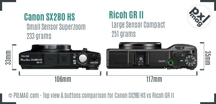 Canon SX280 HS vs Ricoh GR II top view buttons comparison Canon SX280 HS vs Ricoh GR II top view buttons comparison