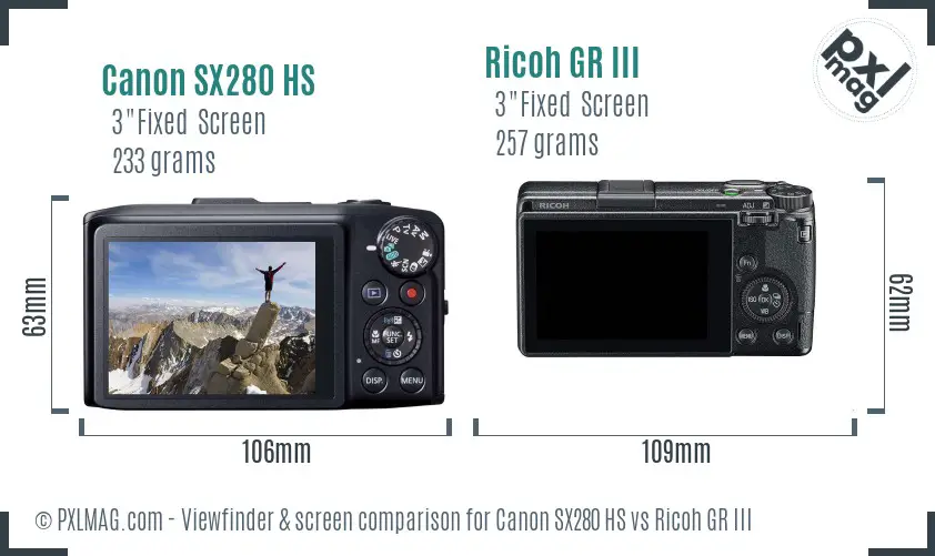 Canon SX280 HS vs Ricoh GR III Screen and Viewfinder comparison