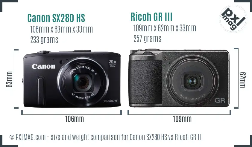 Canon SX280 HS vs Ricoh GR III size comparison