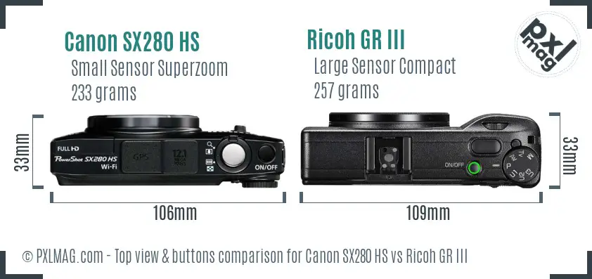Canon SX280 HS vs Ricoh GR III top view buttons comparison