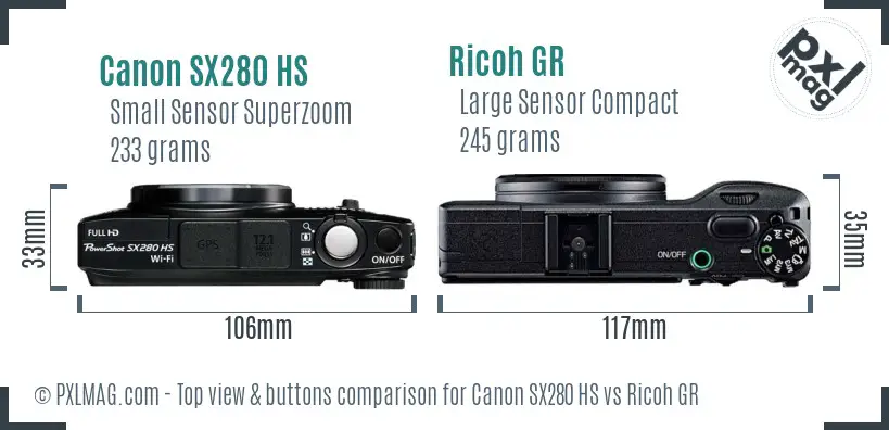 Canon SX280 HS vs Ricoh GR top view buttons comparison Canon SX280 HS vs Ricoh GR top view buttons comparison