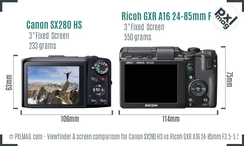 Canon SX280 HS vs Ricoh GXR A16 24-85mm F3.5-5.5 Screen and Viewfinder comparison Canon SX280 HS vs Ricoh GXR A16 24-85mm F3.5-5.5 Screen and Viewfinder comparison