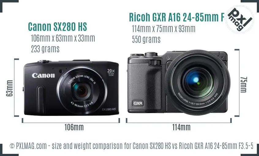 Canon SX280 HS vs Ricoh GXR A16 24-85mm F3.5-5.5 size comparison Canon SX280 HS vs Ricoh GXR A16 24-85mm F3.5-5.5 size comparison