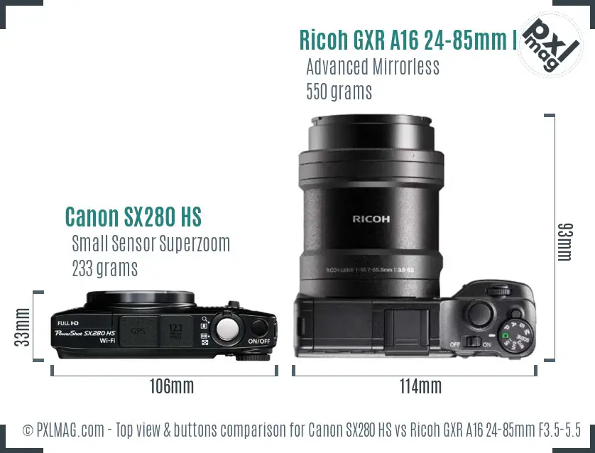 Canon SX280 HS vs Ricoh GXR A16 24-85mm F3.5-5.5 top view buttons comparison Canon SX280 HS vs Ricoh GXR A16 24-85mm F3.5-5.5 top view buttons comparison