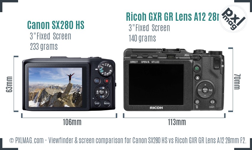 Canon SX280 HS vs Ricoh GXR GR Lens A12 28mm F2.5 Screen and Viewfinder comparison