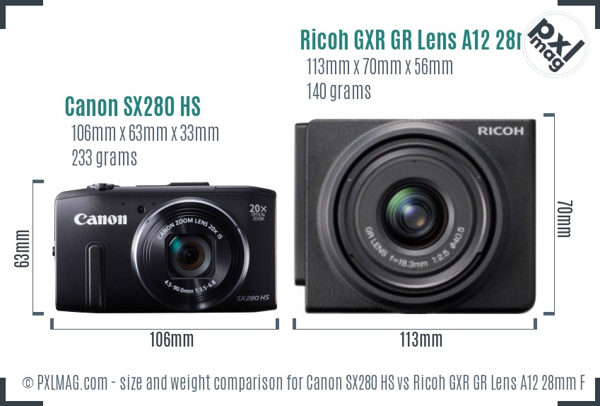 Canon SX280 HS vs Ricoh GXR GR Lens A12 28mm F2.5 size comparison Canon SX280 HS vs Ricoh GXR GR Lens A12 28mm F2.5 size comparison
