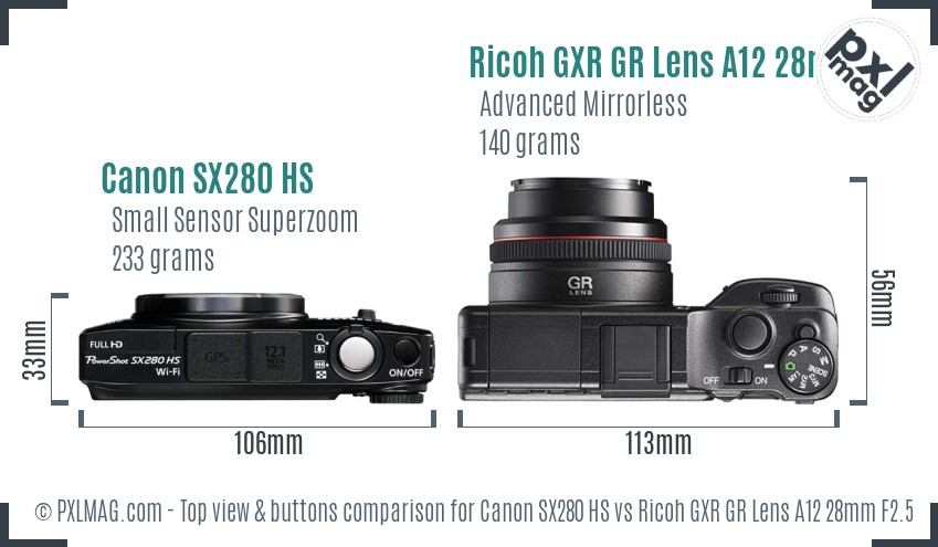 Canon SX280 HS vs Ricoh GXR GR Lens A12 28mm F2.5 top view buttons comparison