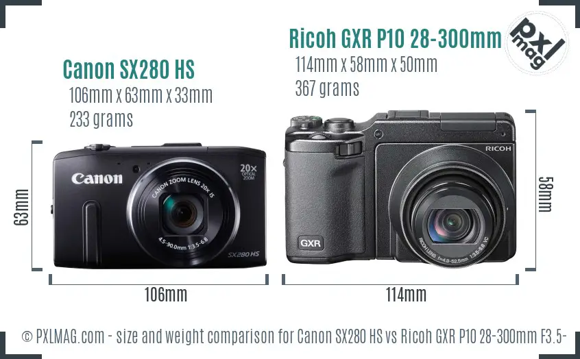 Canon SX280 HS vs Ricoh GXR P10 28-300mm F3.5-5.6 VC size comparison