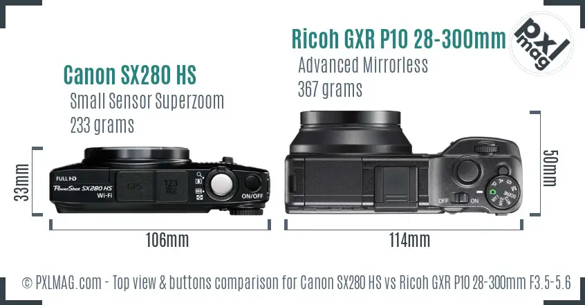 Canon SX280 HS vs Ricoh GXR P10 28-300mm F3.5-5.6 VC top view buttons comparison