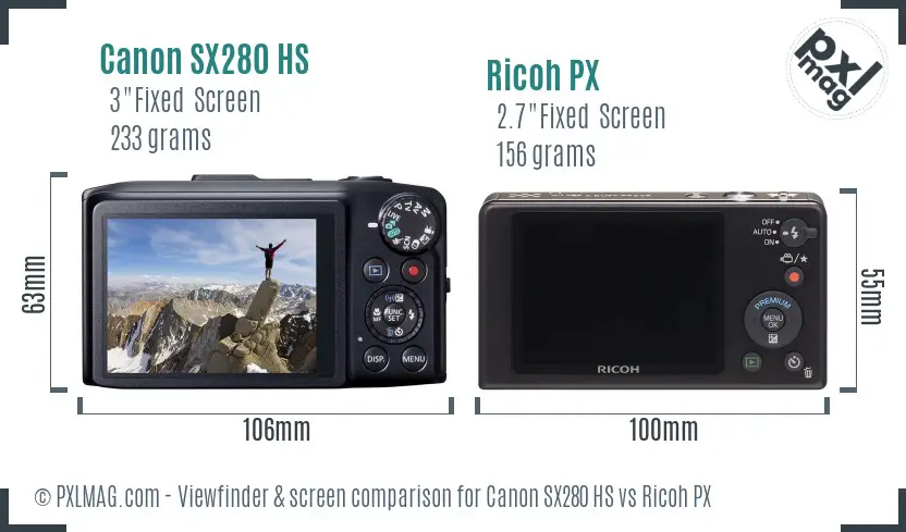 Canon SX280 HS vs Ricoh PX Screen and Viewfinder comparison