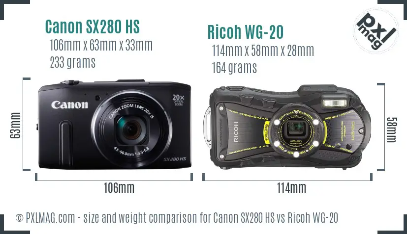 Canon SX280 HS vs Ricoh WG-20 size comparison