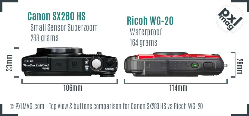 Canon SX280 HS vs Ricoh WG-20 top view buttons comparison